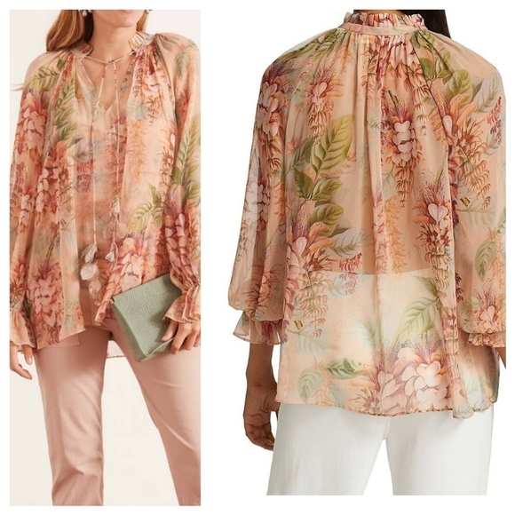 L'ATISTE Floral Semi-Sheer Self Tie Long Sleeve Coral Botanica Summer Top - Picture 12 of 12